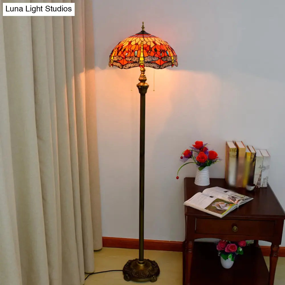 Traditional Stained Glass Dragonfly Standing Lamp with 2 Bulbs and Pull Chain - Floor Light in Orange