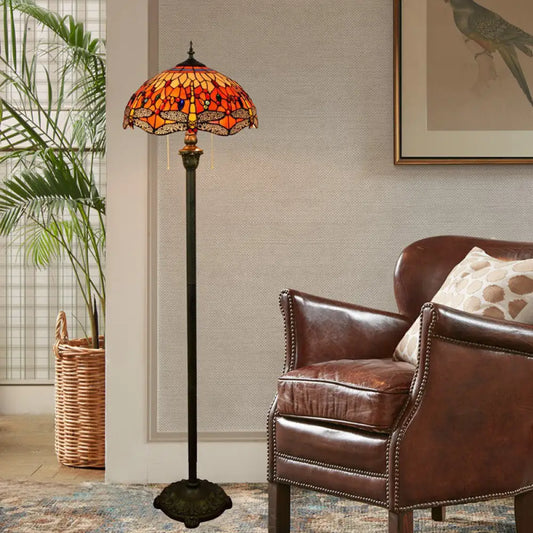 Traditional Stained Glass Dragonfly Standing Lamp with 2 Bulbs and Pull Chain - Floor Light in Orange