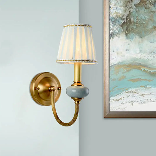 Traditional Style Brass Wall Sconce with Curved Arm, Fabric Shade