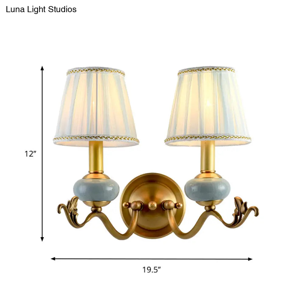 Traditional Style Brass Wall Sconce with Curved Arm, Fabric Shade