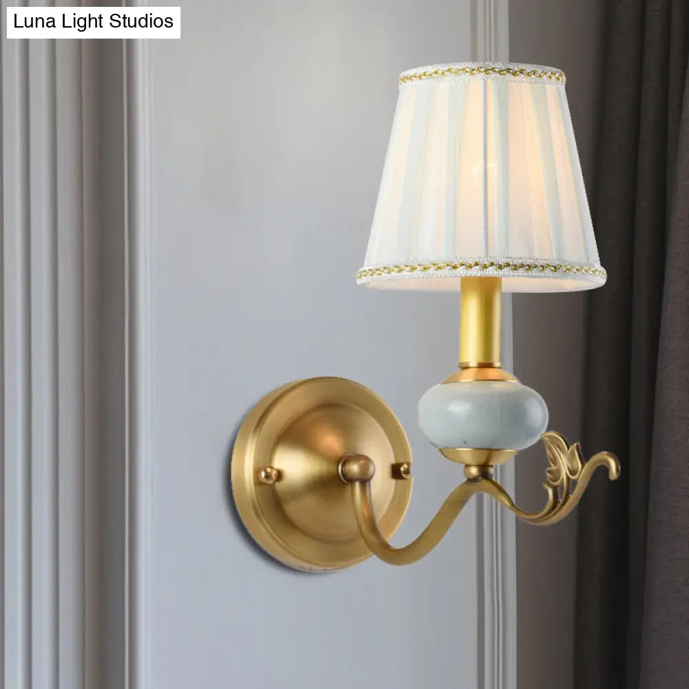 Traditional Style Brass Wall Sconce with Curved Arm, Fabric Shade