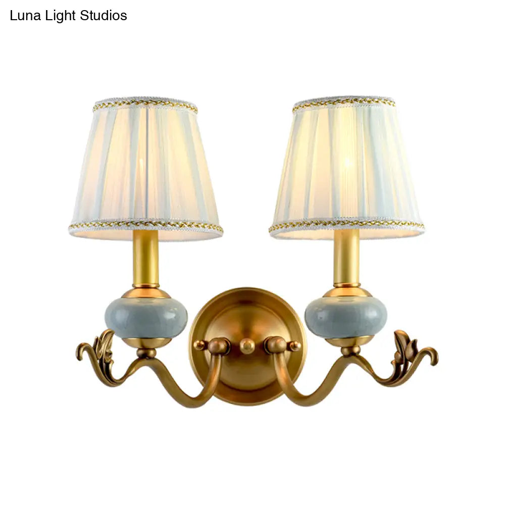 Traditional Style Brass Wall Sconce with Curved Arm, Fabric Shade