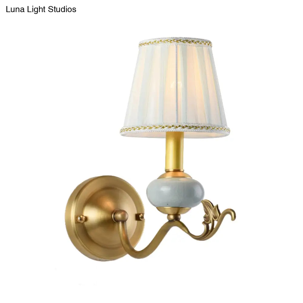 Traditional Style Brass Wall Sconce with Curved Arm, Fabric Shade