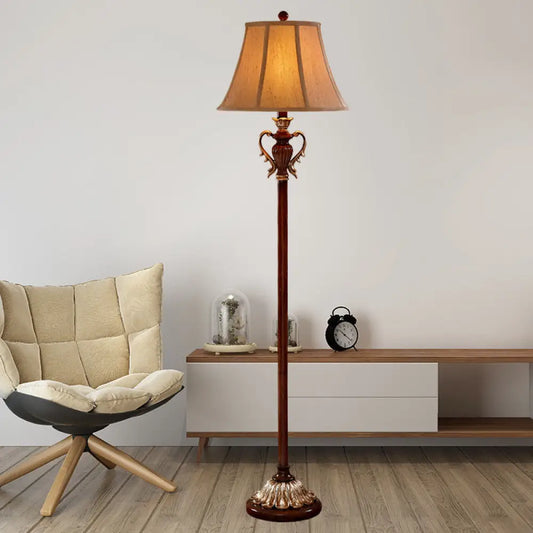 Traditional Style Brown Fabric Floor Lamp with Empire Shade and 1-Light