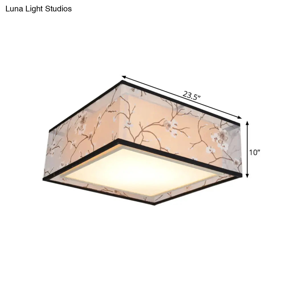 Traditional Style Fabric Square Flush Light - 4/5 Lights Ceiling Flush Mount in White - Various Sizes