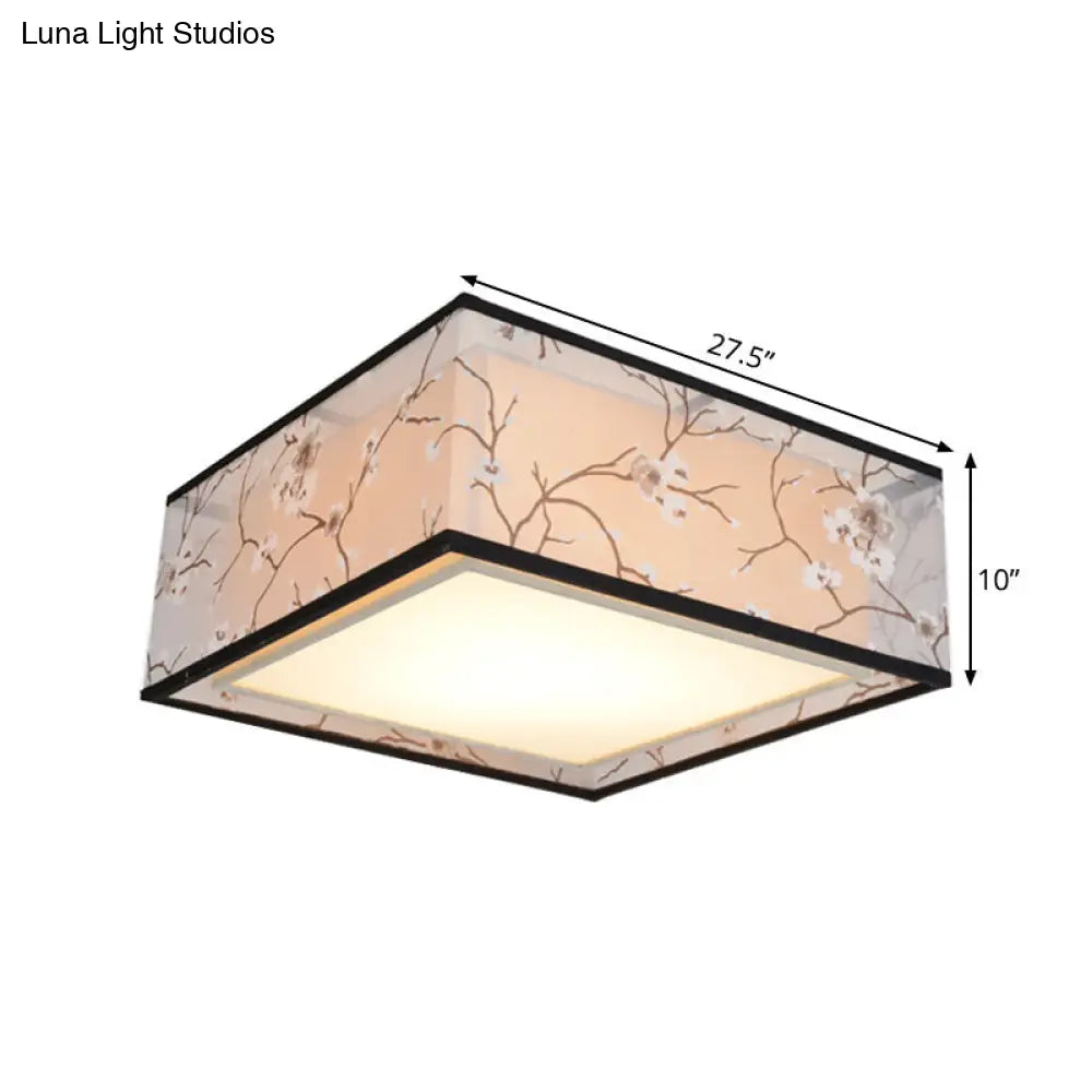 Traditional Style Fabric Square Flush Light - 4/5 Lights Ceiling Flush Mount in White - Various Sizes