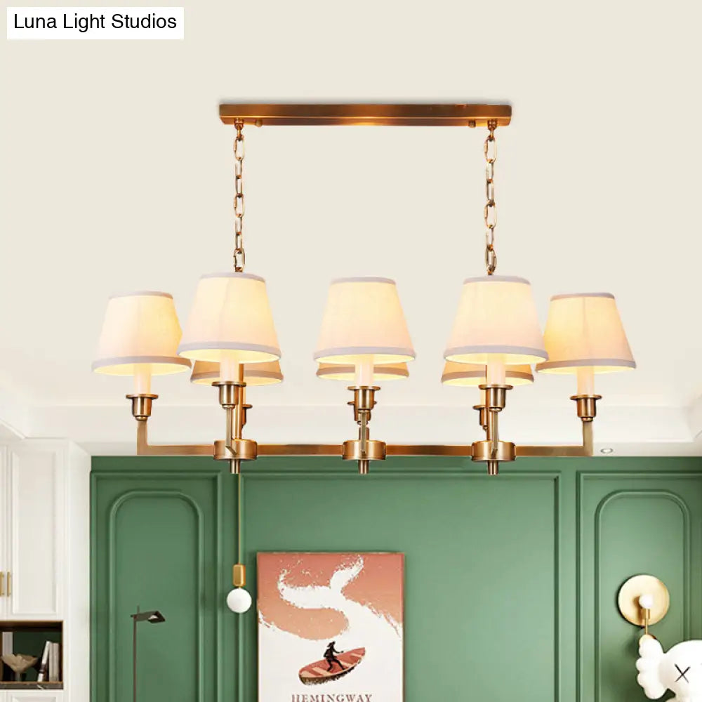 Traditional Style Gold Conic Island Ceiling Light, 8 Heads, Fabric, Living Room Metallic Hanging Lamp