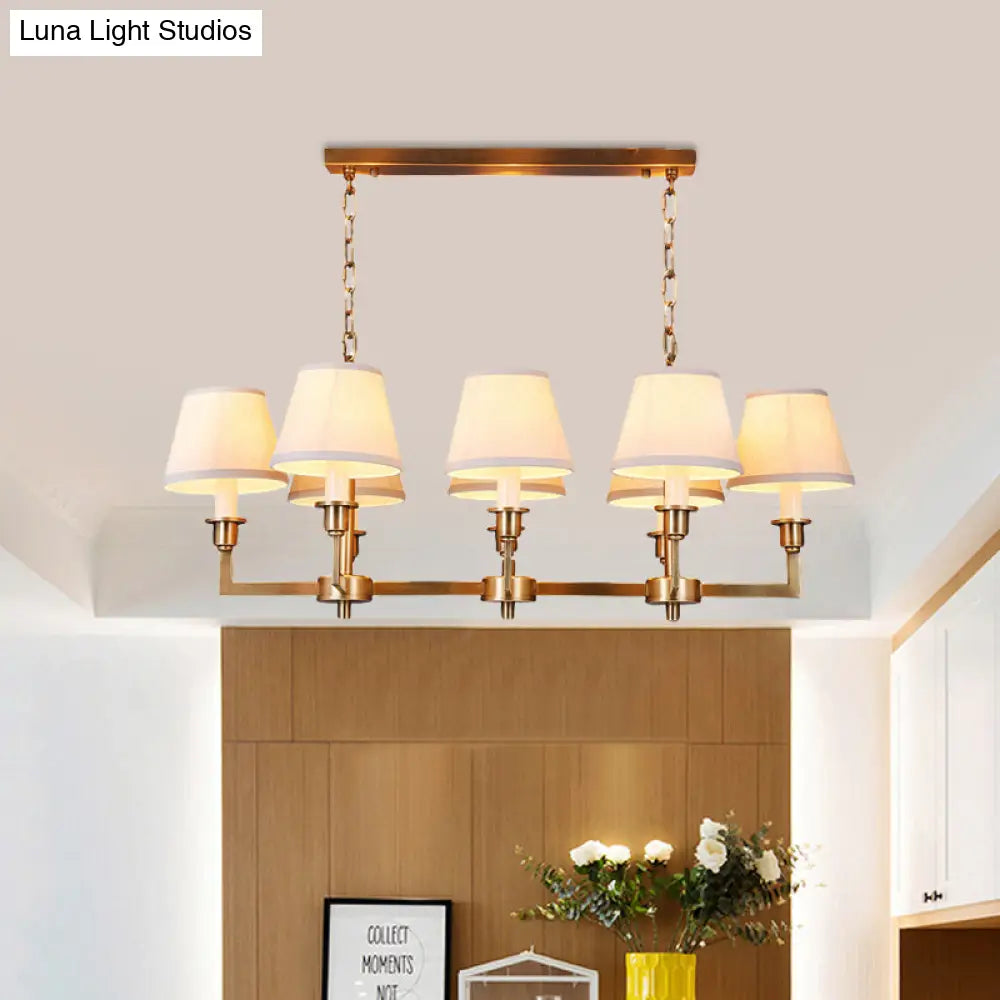 Traditional Style Gold Conic Island Ceiling Light, 8 Heads, Fabric, Living Room Metallic Hanging Lamp