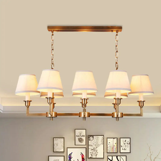 Traditional Style Gold Conic Island Ceiling Light, 8 Heads, Fabric, Living Room Metallic Hanging Lamp