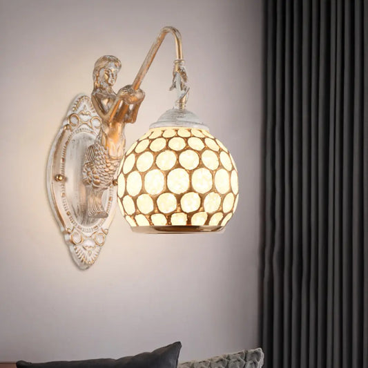 Traditional Style Metal Wall Sconce Light with Resin Mermaid Backplate, Sphere Design for Bedroom Wall Lighting
