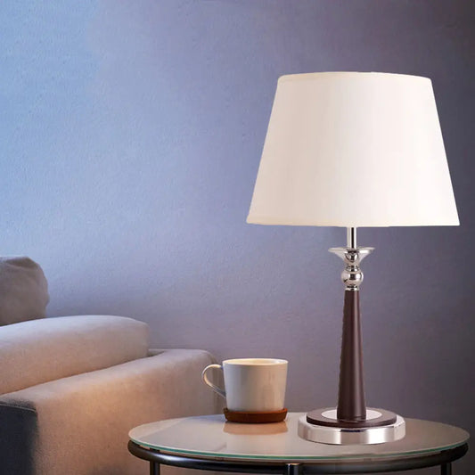 Traditional Style White Conical Shade Table Lamp - Fabric, 1-Light, Living Room Nightstand Lighting