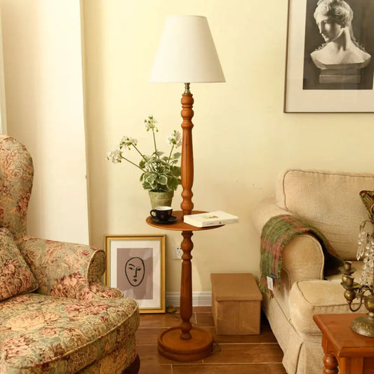 Traditional Style Wood Brown Floor Lamp with Baluster Design & Conical Fabric Shade