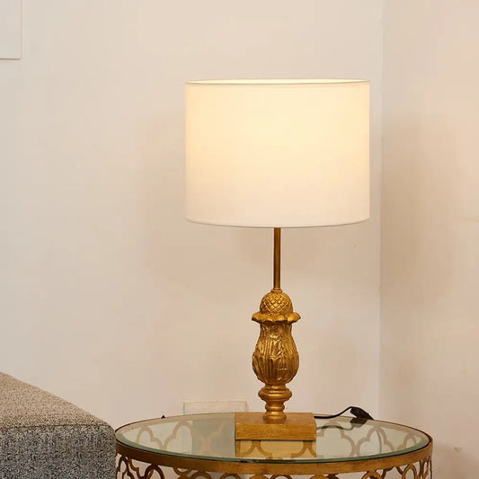 Traditional Style Wooden Desk Lamp with Gold Carvings, Fabric Shade - Guest Room Nightstand Light