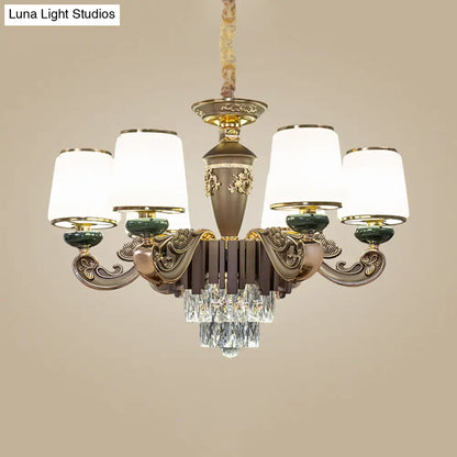 Lámpara de araña tradicional cónica de cristal opalino con 6 luces - Lámpara colgante marrón para comedor con inserto de cristal K9