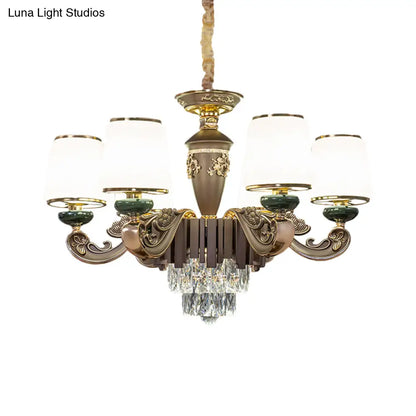 Lámpara de araña tradicional cónica de cristal opalino con 6 luces - Lámpara colgante marrón para comedor con inserto de cristal K9