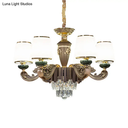 Lámpara de araña tradicional cónica de cristal opalino con 6 luces - Lámpara colgante marrón para comedor con inserto de cristal K9