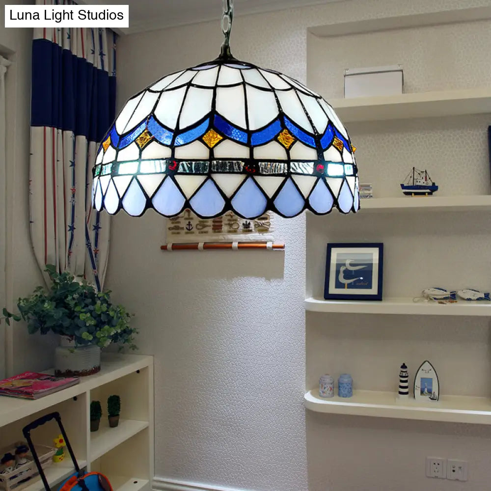 Traditional Tiffany Blue Stained Glass Living Room Suspension Light with Domed Shade