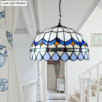 Traditional Tiffany Blue Stained Glass Living Room Suspension Light with Domed Shade