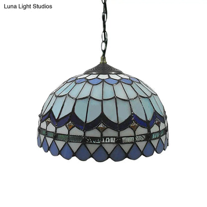 Traditional Tiffany Blue Stained Glass Living Room Suspension Light with Domed Shade