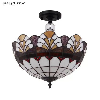 DecorBites™ DecorBites™ Traditional Tiffany Stained Glass Ceiling Lamp - Scalloped Semi Flush, 12" or 16" - Bronze Finish with Leaf, Victorian, and Circle Pattern - Ideal for Foyer
