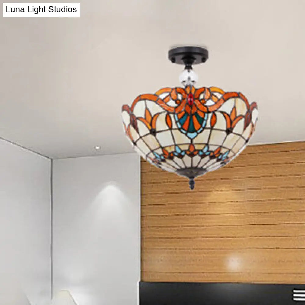 Traditional Tiffany Stained Glass Ceiling Lamp - Scalloped Semi Flush, 12" or 16" - Bronze Finish with Leaf, Victorian, and Circle Pattern - Ideal for Foyer