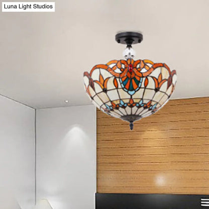 DecorBites™ DecorBites™ Traditional Tiffany Stained Glass Ceiling Lamp - Scalloped Semi Flush, 12" or 16" - Bronze Finish with Leaf, Victorian, and Circle Pattern - Ideal for Foyer