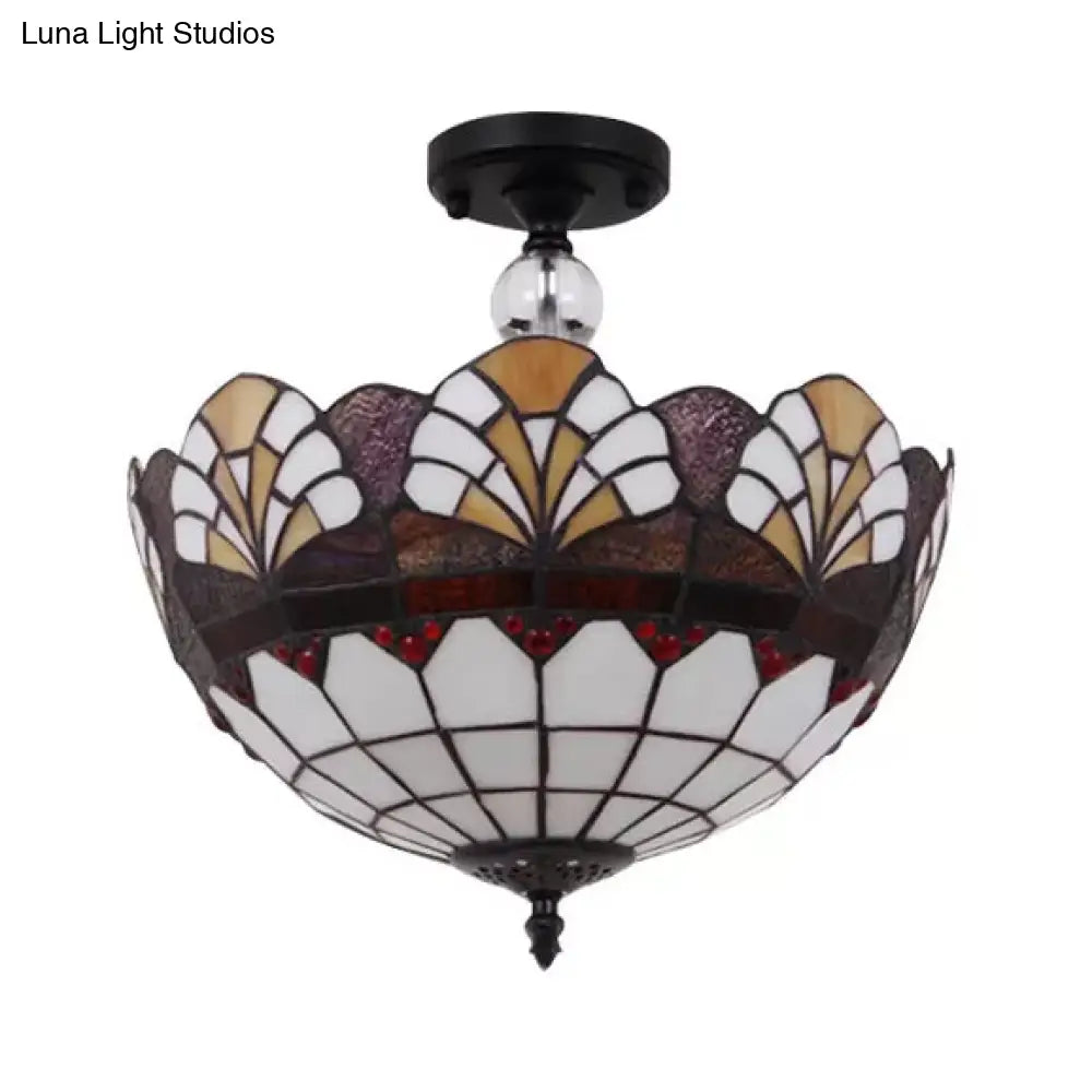 Traditional Tiffany Stained Glass Ceiling Lamp - Scalloped Semi Flush, 12" or 16" - Bronze Finish with Leaf, Victorian, and Circle Pattern - Ideal for Foyer