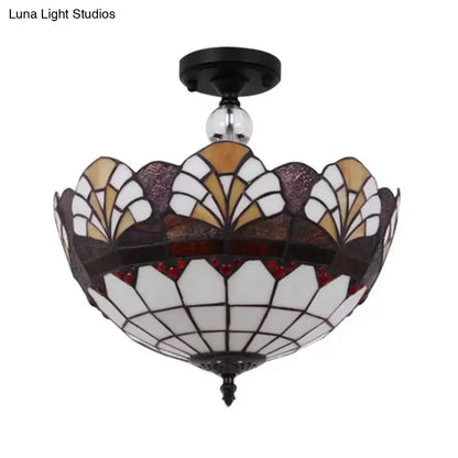 DecorBites™ DecorBites™ Traditional Tiffany Stained Glass Ceiling Lamp - Scalloped Semi Flush, 12" or 16" - Bronze Finish with Leaf, Victorian, and Circle Pattern - Ideal for Foyer