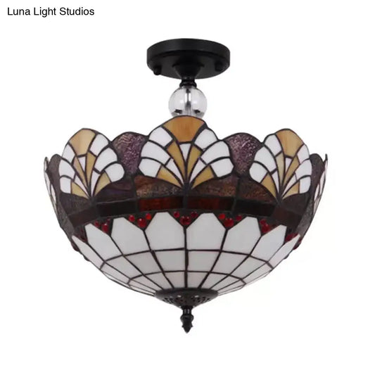 Traditional Tiffany Stained Glass Ceiling Lamp - Scalloped Semi Flush, 12" or 16" - Bronze Finish with Leaf, Victorian, and Circle Pattern - Ideal for Foyer