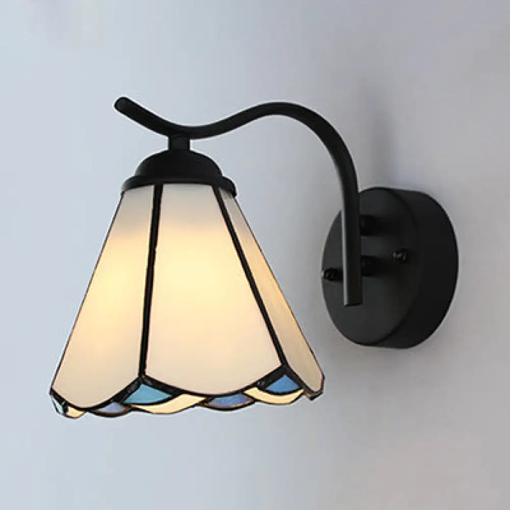 Traditional Tiffany Wall Lamp: Conical Sconce Lighting with Black Curved Arm in White/Beige - Perfect for Corridor