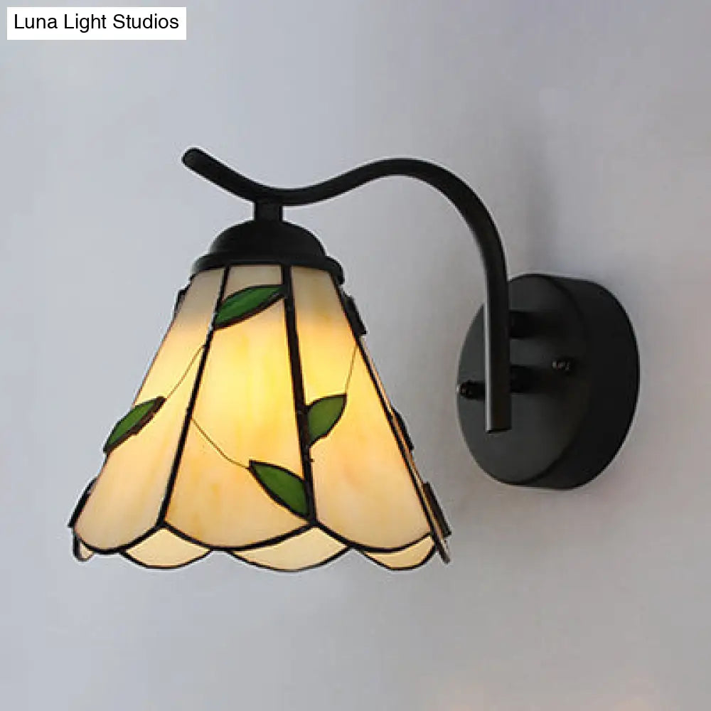 Traditional Tiffany Wall Lamp: Conical Sconce Lighting with Black Curved Arm in White/Beige - Perfect for Corridor