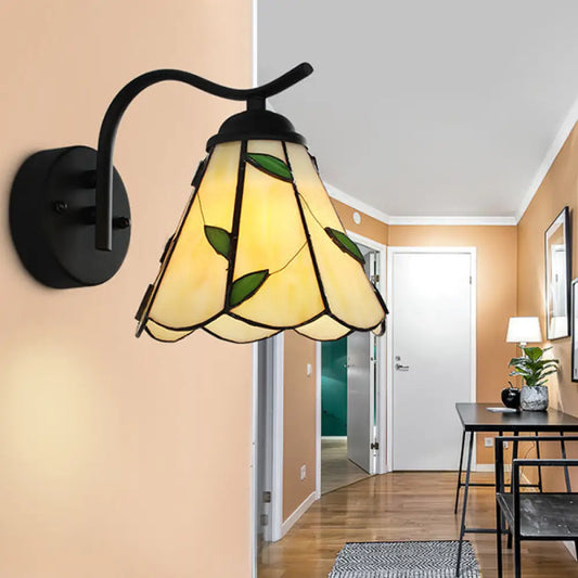 Traditional Tiffany Wall Lamp: Conical Sconce Lighting with Black Curved Arm in White/Beige - Perfect for Corridor
