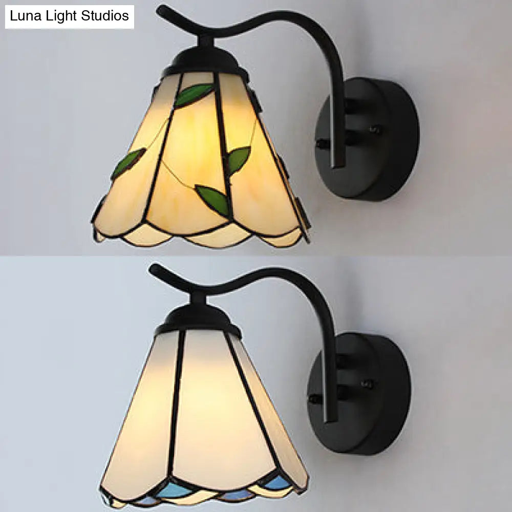 Traditional Tiffany Wall Lamp: Conical Sconce Lighting with Black Curved Arm in White/Beige - Perfect for Corridor