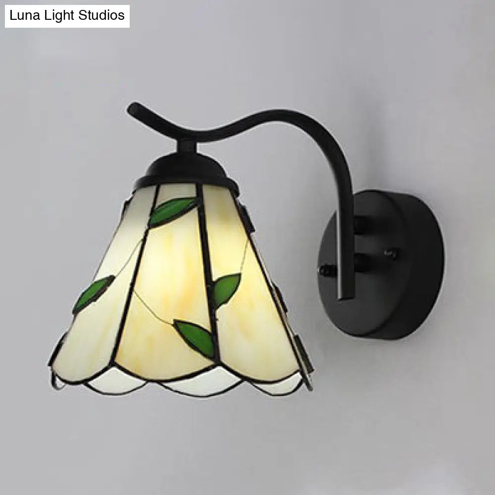 Traditional Tiffany Wall Lamp: Conical Sconce Lighting with Black Curved Arm in White/Beige - Perfect for Corridor