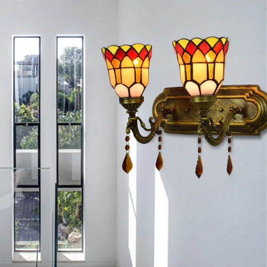 Traditional Tiffany Wall Light with Agate Stained Glass and Dual Heads for Foyer Stair Bell