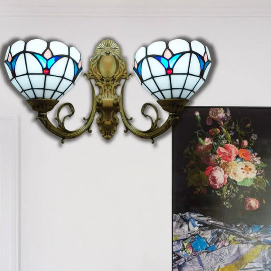 Traditional Tiffany White Stained Glass Wall Sconce with 2 Domed Heads - Ideal for Hotels