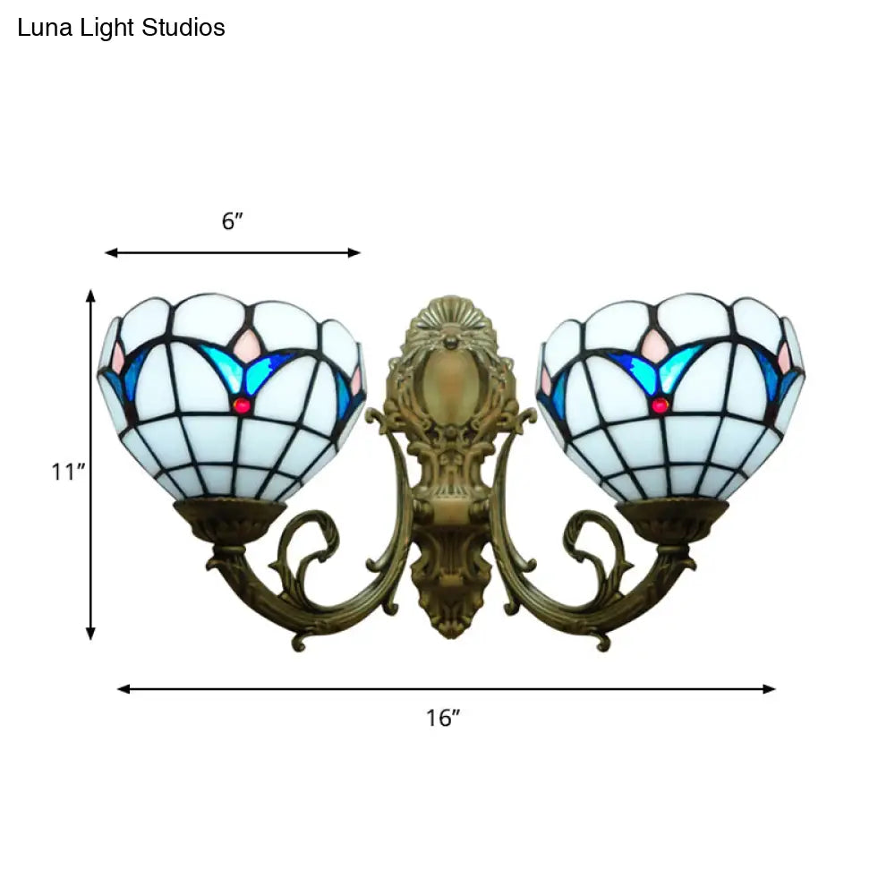 Traditional Tiffany White Stained Glass Wall Sconce with 2 Domed Heads - Ideal for Hotels
