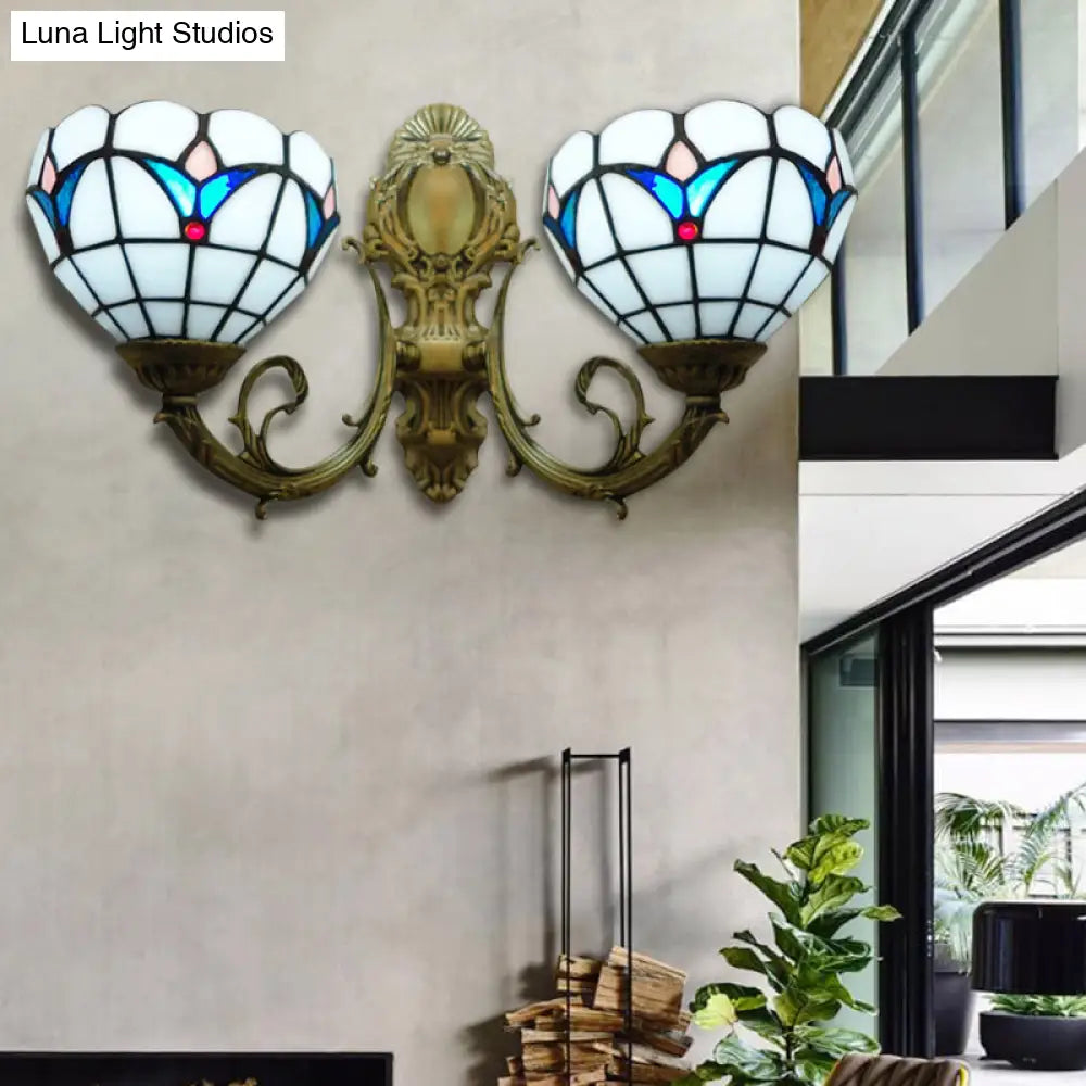Traditional Tiffany White Stained Glass Wall Sconce with 2 Domed Heads - Ideal for Hotels
