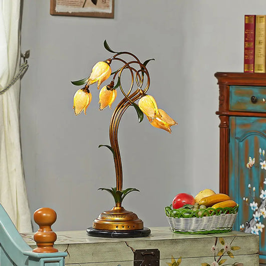 Traditional Tulip Shaped Glass Nightstand Lamp with 5 Lights - Beige & Brass Night Table Light