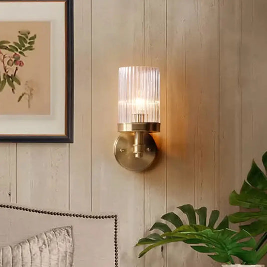 Traditional Wall-mounted Cylinder Lamp with Transparent Glass Sconce in Brown/Gold, Perfect for Bedside Lighting