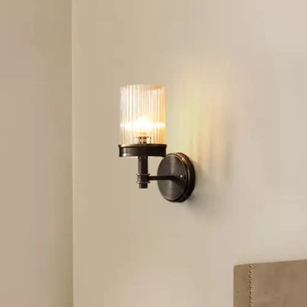Traditional Wall-mounted Cylinder Lamp with Transparent Glass Sconce in Brown/Gold, Perfect for Bedside Lighting