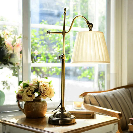 Traditional White Bedroom Desk Lamp with Barrel Fabric Shade - 1 Light Study Light