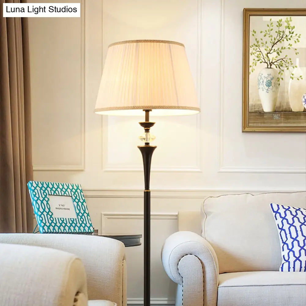 Traditional White Bucket Pleated Fabric Floor Lamp, Stand Up Lighting for Living Room