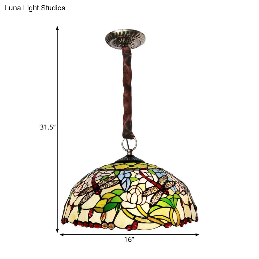 Traditional White Dragonfly and Floral Chandelier - Stained Glass 3-Bulb Downlight with Beaded Deco