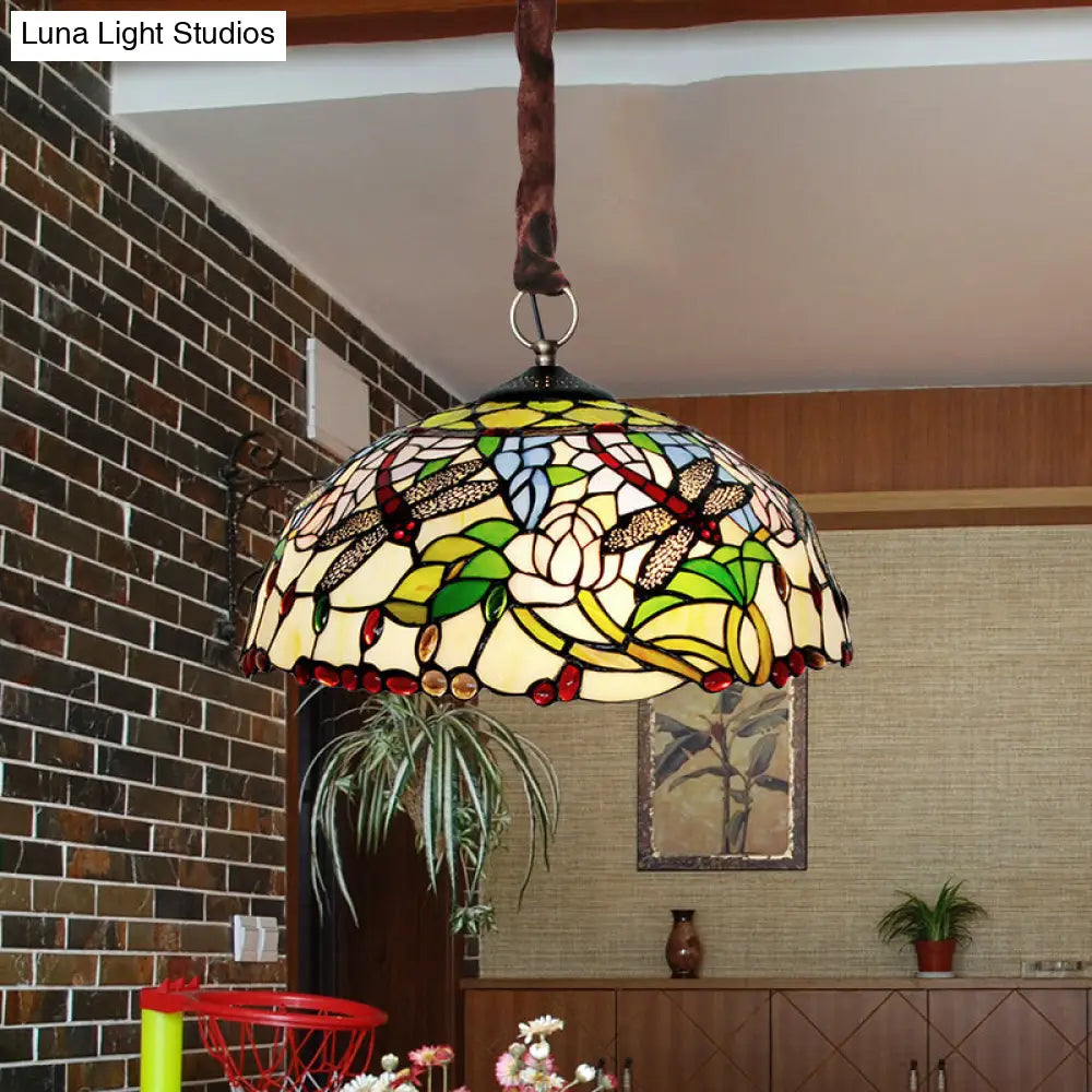 Traditional White Dragonfly and Floral Chandelier - Stained Glass 3-Bulb Downlight with Beaded Deco