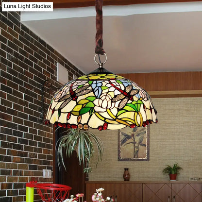 Traditional White Dragonfly and Floral Chandelier - Stained Glass 3-Bulb Downlight with Beaded Deco