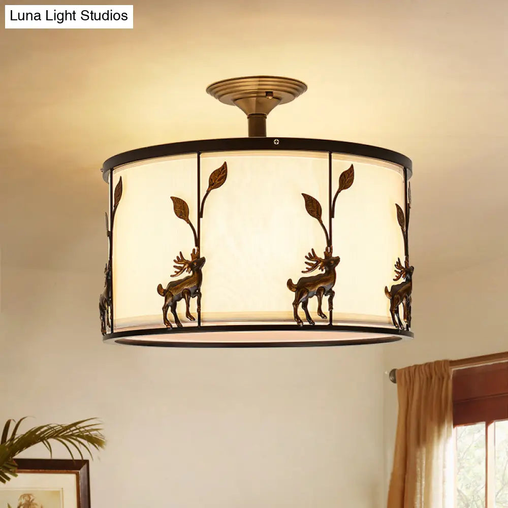 Traditional White Drum Fabric Semi Flush Ceiling Light Fixture - 3 Lights, Living Room