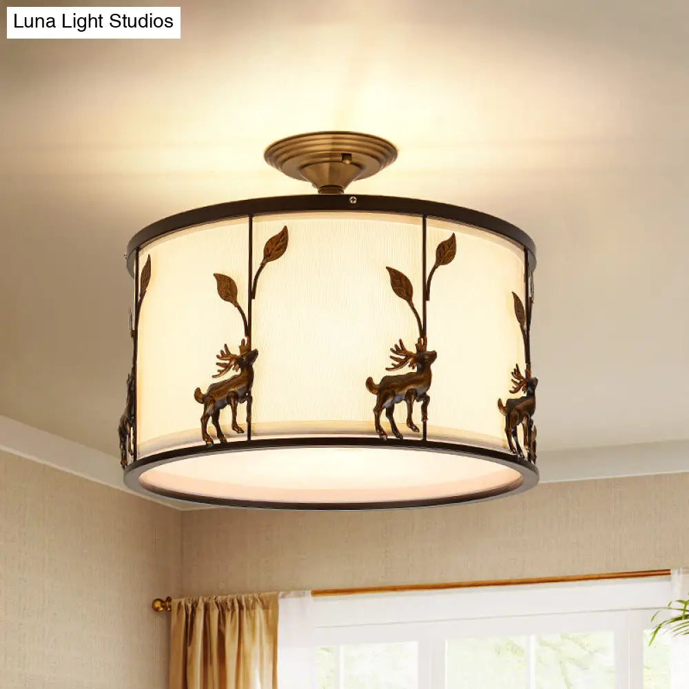 Traditional White Drum Fabric Semi Flush Ceiling Light Fixture - 3 Lights, Living Room