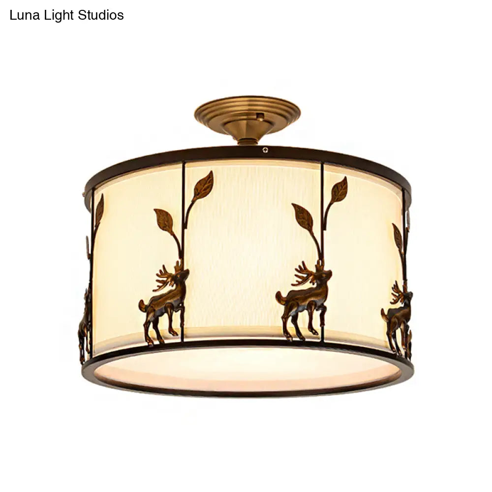Traditional White Drum Fabric Semi Flush Ceiling Light Fixture - 3 Lights, Living Room