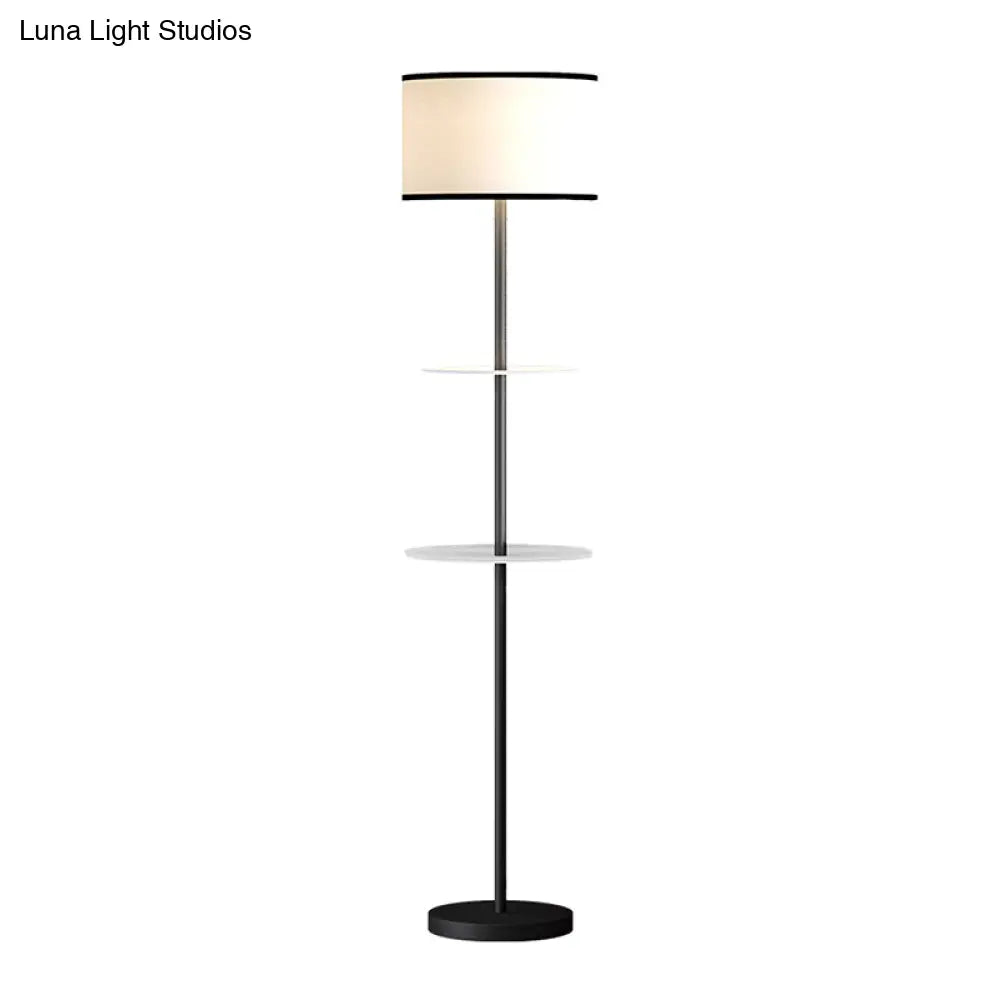 Traditional White Fabric Standing Floor Lamp with Shelves Design - 1 Head Drum Floor Light